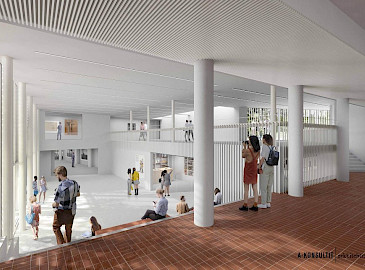 Aalto2-museokeskus on uusi arkkitehtuurin, muotoilun ja kulttuuriperinnön kohtaamispaikka Jyväskylässä.  Se avautuu toukokuussa 2023 Alvar Aalto 125-juhlavuoden kunniaksi. Sisähavainnekuva Aalto2-museokeskuksesta, Arkkitehtitoimisto A-Konsultit Oy. 