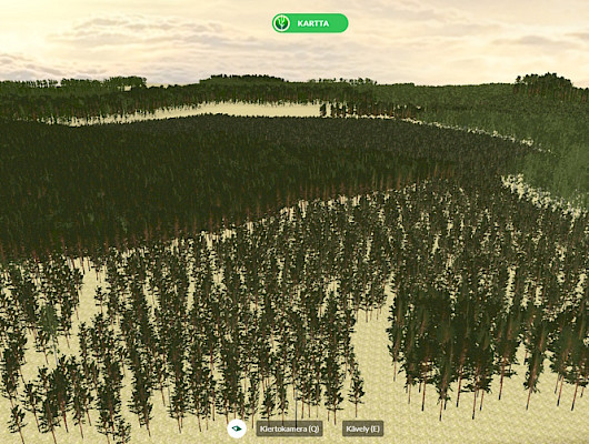 Kuvakaappaus MetNe-hankkeessa kehitetystä visualisointisovelluksesta. Visualisointi mahdollistaa erilaisten metsänkäsittelytoimenpiteiden vertailun ja vaikutuksen tarkastelun.