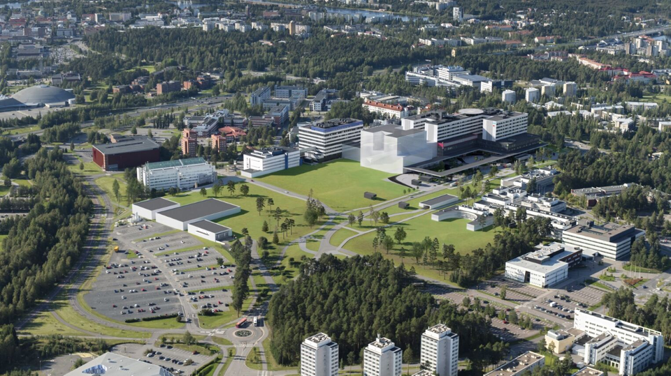 Havainnekuva C-rakennuksen sijoittumisesta OYSin sairaala-alueella. Rakennuksen ulkomuoto tarkentuu suunnittelun edetessä.