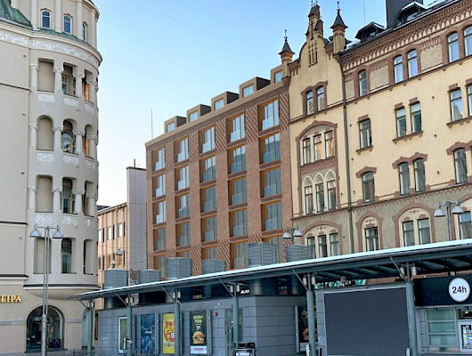 Asemakaavamuutoksen hakijan viitesuunnitelmaluonnoksen havainnekuvassa on hahmoteltu, miltä mahdollinen kaavan toteutus voisi näyttää ympäristössään. Kuva: YH Kodit Oy ja Sweco Finland Oy