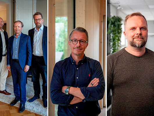 Vasemmalla Cor Groupin edustajat Ilari Kerola (vas)., perustaja Teppo Lindén, toimitusjohtaja, perustaja Olli Karhi, perustaja. Keskellä Versowoodin toimitusjohtaja Ville Kopra, oikealla Sensofusionin toimitusjohtaja Tuomas Rasila. Kuvaaja: Petri Siikanen