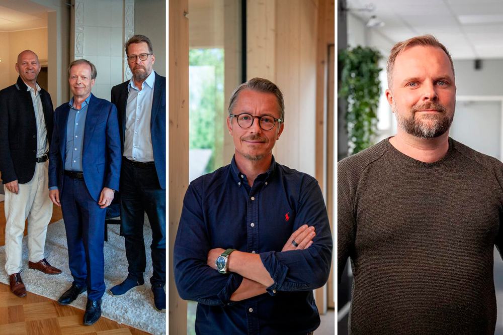 Vasemmalla Cor Groupin edustajat Ilari Kerola (vas)., perustaja Teppo Lindén, toimitusjohtaja, perustaja Olli Karhi, perustaja. Keskellä Versowoodin toimitusjohtaja Ville Kopra, oikealla Sensofusionin toimitusjohtaja Tuomas Rasila. Kuvaaja: Petri Siikanen