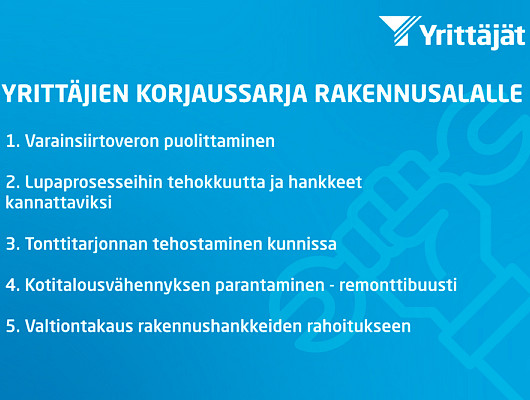 Yrittäjät esittää rakennusalalle korjaussarjaa – varainsiirtovero ja kotitalousvähennys uusiksi