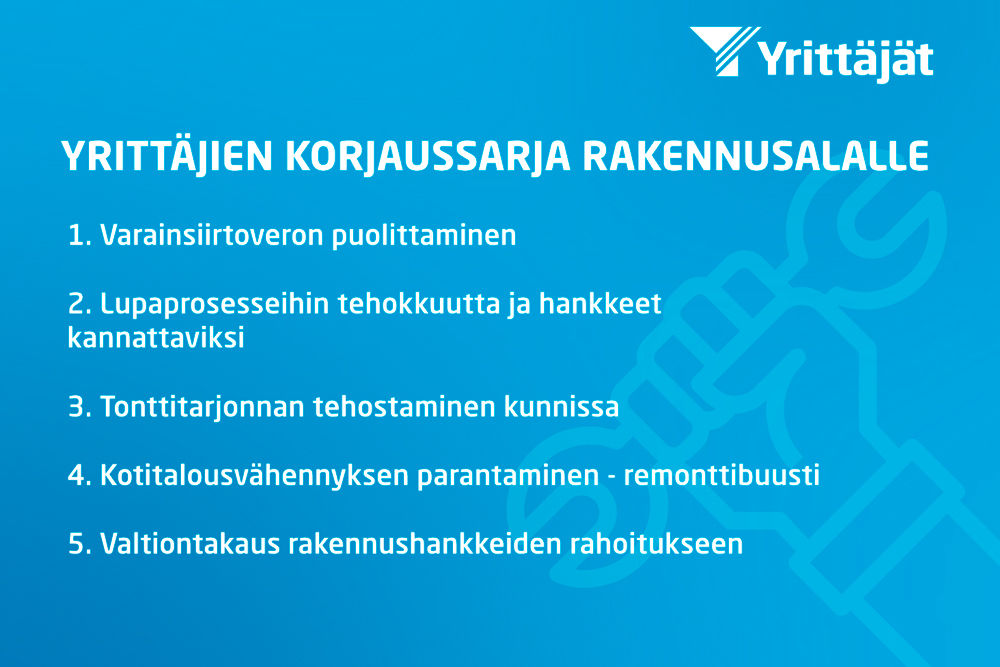 Yrittäjät esittää rakennusalalle korjaussarjaa – varainsiirtovero ja kotitalousvähennys uusiksi