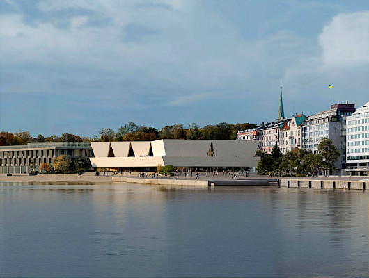 Kulttuurimaisemassa arvokkaat näkymät Tähtitorninvuorelta kohti Kauppatoria ja Katajanokkaa säilyvät veistoksellisessa Kumma-suunnitelmaehdotuksessa. Julkisivun värimaailma ja rakennusta kiertävä terassi vahvistavat yhteyttä kaupunkiin. Havainnekuva: JKMM Architects