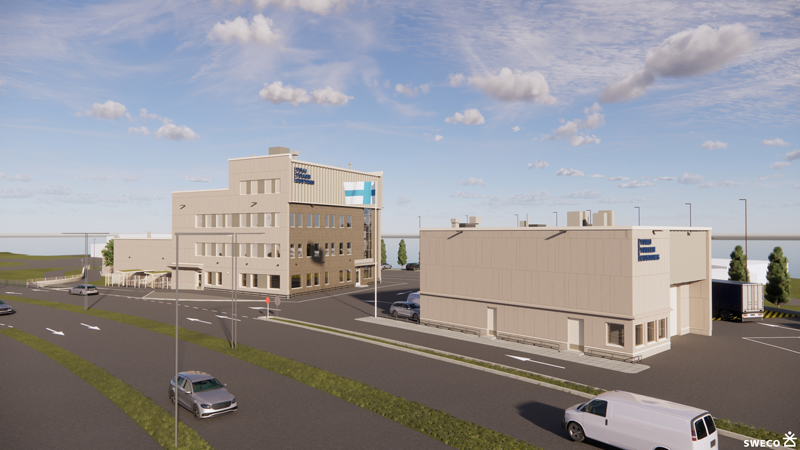 Uudelle tontille rakennetaan kaksi uutta rakennusta ja tarkastusalue. Kuva: Sweco Architects Oy.